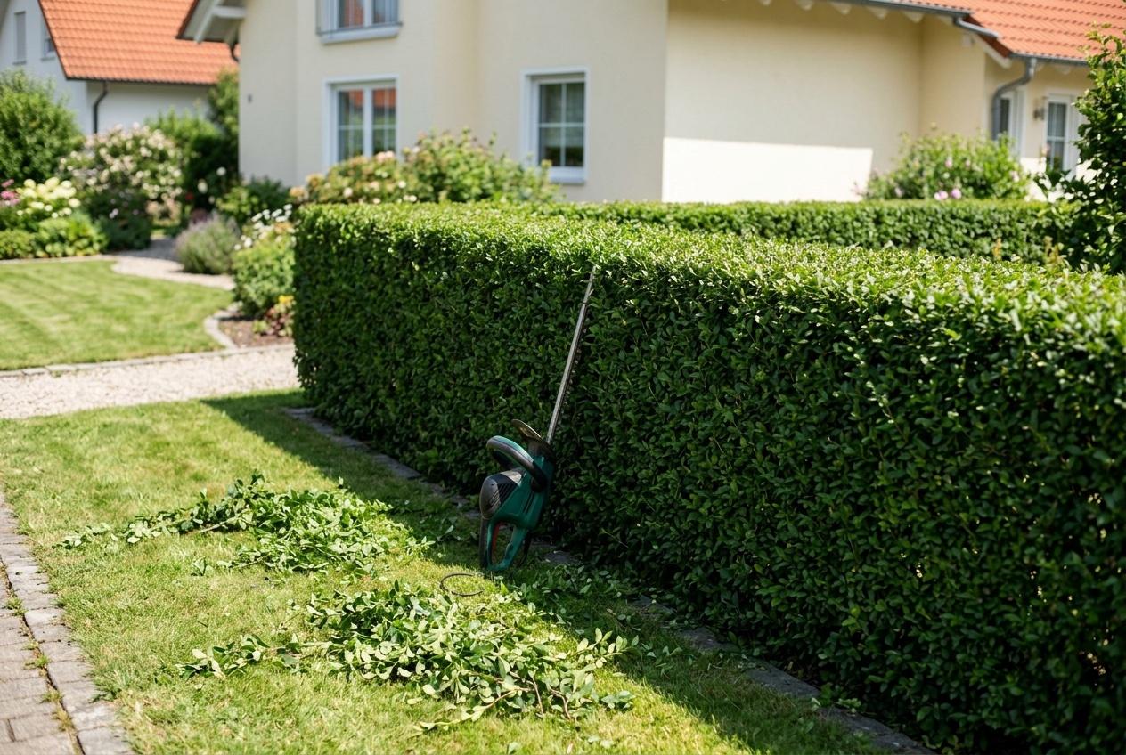 Frisch geschnittene Hecke mit Heckenschere und Grünschnitt auf dem Rasen