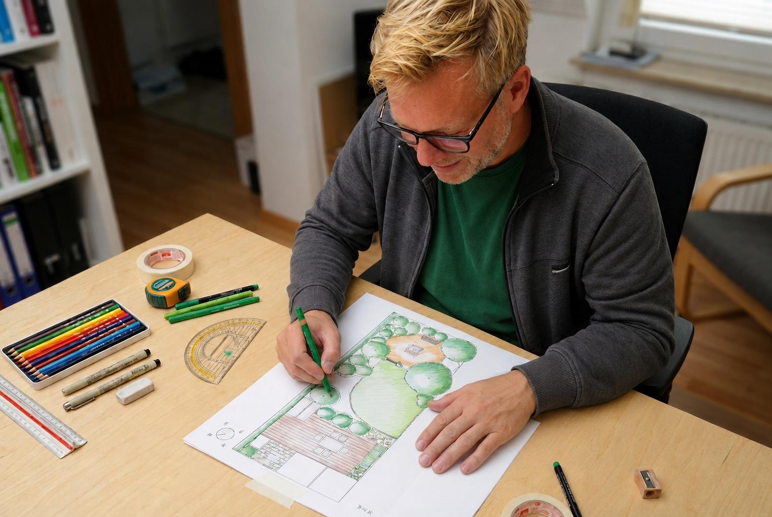 Gärtner zeichnet einen farbigen Gartenplan mit Buntstiften am Schreibtisch