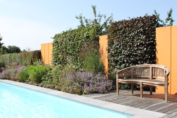 Pool mit Holzdeck, Hecke und Staudenbeet