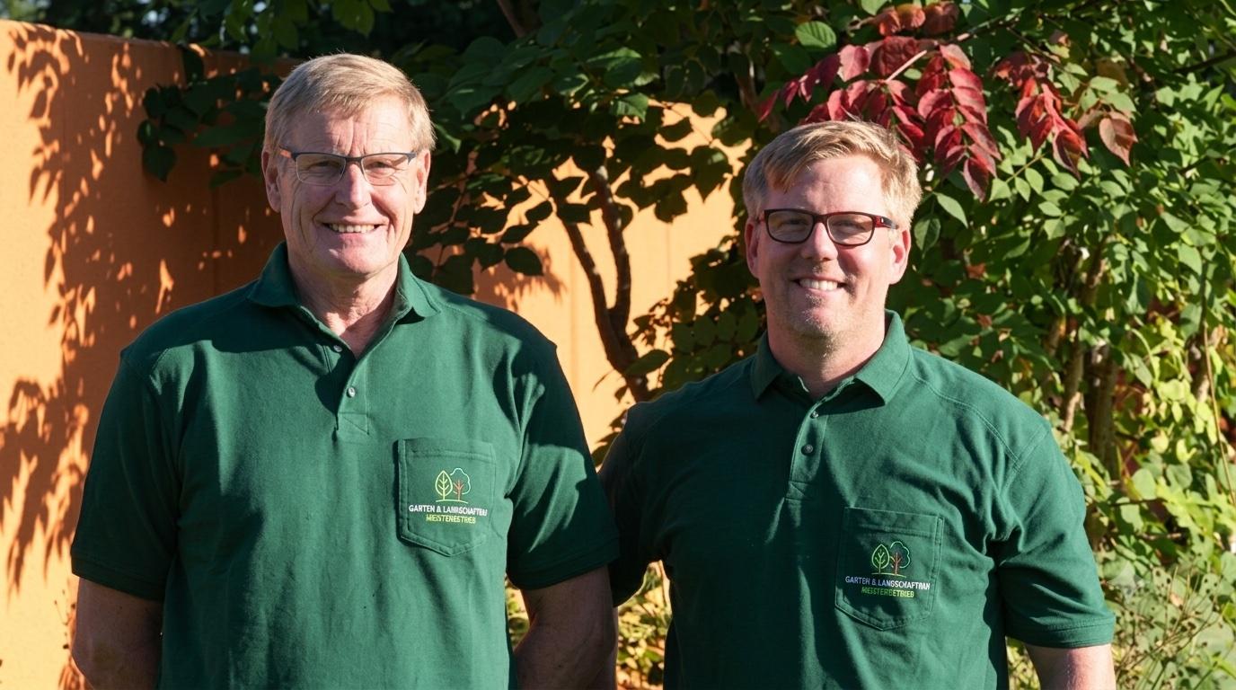 Das Inhaber-Team von Gartengestaltung Reininghaus in grüner Arbeitskleidung im Garten